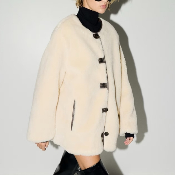 H&M Jackets & Blazers - H&M Cream Teddy Jacket with dark brown Accents